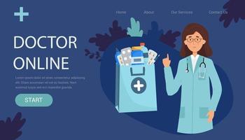 landing page shopping doctor with bag for medical pills and bottles, healthcare and shopping, pharmacy, drug store. Delivery. Vector illustration in flat style