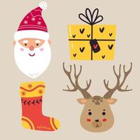 conjunto de elementos de navidad y año nuevo con animales y santa. ilustración vectorial papá noel, calcetín, venado, presente vector