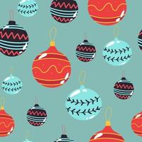 patrón sin costuras de Navidad con bolas, adornos, conos, arcos de fondo azul. perfecto para invitaciones navideñas, tarjetas de felicitación de invierno, papel tapiz y papel de regalo vector