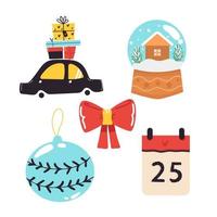 conjunto de elementos de navidad y año nuevo con coche con regalos, calendario de bolas, bola de cristal, arco. ilustración vectorial vector
