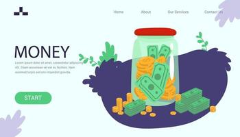 landing page banner Family couple saving money. cash into glass jar. Vector illustration for finance, deposit, economy, investment, banking, concept