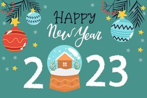 Brush stroke 2023 illustration for New Year greeting card. Vector template for banner, web, social network, cover and calendar. Grunge sign 2023 isolated with gifts.