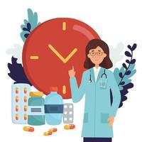 tiempo para su medicina, concepto de tiempo de medicina. botella de medicina, cápsulas, pastillas con reloj en el fondo en diseño plano. tiempo de medicación. vector