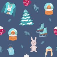 Vector seamless flat pattern with icons deer, tree, car, gifts, mittens, hat, skates, jacket, cup of Happy New Year and Christmas Day,