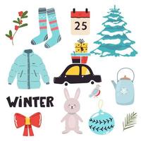 Vector set of holiday icons car, jacket, socks, bow, hare, Christmas tree, teapot, gifts, Christmas decorations, calendar. for Christmas time. Scrapbook collection. greeting card Happy New Year