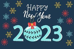 Brush stroke 2023 illustration for New Year greeting card. Vector template for banner, web, social network, cover and calendar. Grunge sign 2023 isolated with gifts.