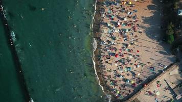 Aerial view of the ukranian coast, sea shore and boat decks video