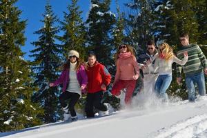 friends have fun at winter on fresh snow photo