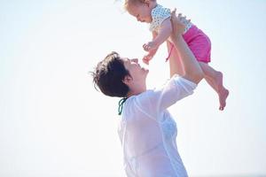 mom and baby on beach  have fun photo