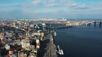 Aerial view of coastal city, bridge over sea video