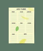 green vector weekly planner design template. Elegant floral leaves organizer and notepad. Week calendar schedule printable to-do list.