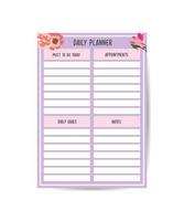 Daily planner with flowers, to do list, memo, printable, vector illustration. For print or using in app.