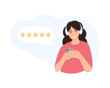 chica con un teléfono inteligente. concepto de retroalimentación para páginas web, aplicaciones móviles, etc. vector