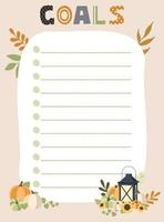 Goals check list. Vector illustration with autumn elements for planner. Cute and trendy.