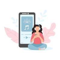 concepto de asanas de yoga. chica sentada en asana y escuchando música de meditación. lindo estilo de dibujos animados. vector