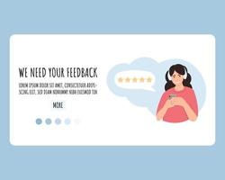 Leaving a feedback concept for web. Girl taking a smartphone and writing feedback. Flat style. vector