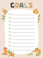 Goals check list. Vector illustration with autumn elements for planner. Cute and trendy.