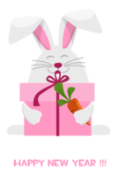 feliz ano novo 2023, zodíaco de coelho de desenho animado. modelo de cartão de saudação, coelho com caixa de presente e cenoura. png