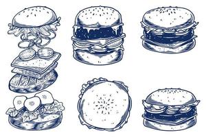 juego de dibujo a mano de grabado de alimentos de hamburguesa sobre fondo blanco. vector