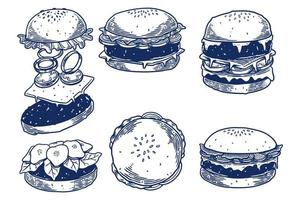 juego de dibujo a mano de grabado de alimentos de hamburguesa sobre fondo blanco. vector