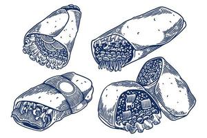 juego de dibujo a mano de grabado de alimentos de cuatro kebabs sobre fondo blanco. vector