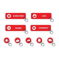 Like, share, subscribe, comment buttons in red and white vector