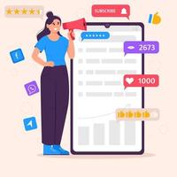 Social media marketing concept with woman with megaphone and icons of SMM. Young woman managing SMM strategy processes. Flat vector illustration.