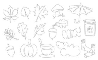 Autumn elements line art. season fall one line set. Autumn leaves, cozy socks. tea and jam in linear style. Acorn and other wether vector icons