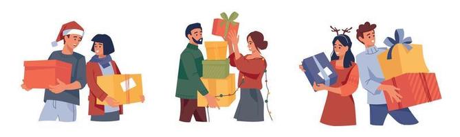 People with gifts. Preparing for the new year, Christmas. Set of illustrations. Vector image.