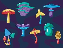 Set of psychedelic hallucinogenic bright groovy hippie mushrooms in 70s style isolated on wavy dark background vector