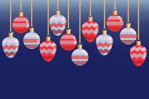 Christmas tree decorations, baubles are hanging on gold chains. Blue background, Frame, Vector. vector