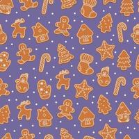 Christmas gingerbread with snowflakes, vector seamless pattern
