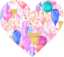 lindo coração feito de balões em aquarela. clipart png transparente