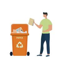 Cute character man putting rubbish in trash bin, dumpster or container with paper waste. Sorting and recycling, ecological concept in flat cartoon style, stock vector illustration.