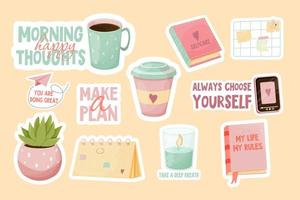 Set essentials self care elements for study, rest, mental health in pink pastel colors in cartoon style isolated on white background. Books, coffee cups,memo board and calendar, phone and plant. vector