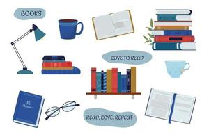 Set, collection stack of books, bookshelf, in different views open and closed, glasses, table lamp and cup with drink isolated on white background in cartoon style. Vector illustration