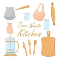 Set kitchen zero waste objects isolated on white background. Eco friendly, reusable elements from glass, wooden, bamboo. Vector illustration
