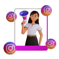 giovane ragazza fabbricazione promozione su sociale media 3d cartone animato personaggio illustrazione png