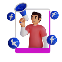 jeune homme faisant du marketing sur les médias sociaux illustration de personnage de dessin animé 3d