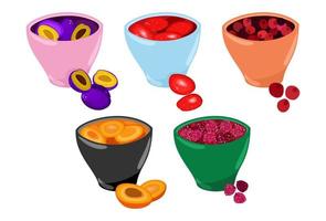 conjunto vectorial de mermelada de frutas y bayas en tazas. aislado sobre fondo blanco. vector