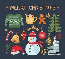 Vector modern colorful set with hand drawn doodle illustrations of Christmas objects and lettering, stickers. Use it as elements for design greeting cards , poster, card, packaging paper design