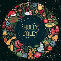 plantilla de corona navideña vectorial con letras holly jolly. marco de dibujo a mano. utilizar como invitación, tarjeta de felicitación, afiche, pancarta, publicación de diseño en medios sociales, cartel, folleto y otros diseños gráficos vector