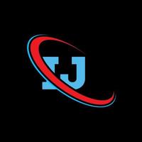 IJ logo. IJ design. Blue and red IJ letter. IJ letter logo design. Initial letter IJ linked circle uppercase monogram logo. vector