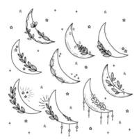 set doodle moon rustic with flower leaf aesthetic decoration outline element vector