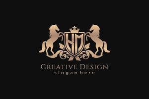 initial KM Retro golden crest with shield and two horses, badge template with scrolls and royal crown - perfect for luxurious branding projects vector