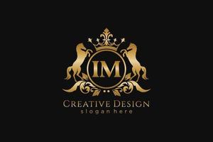 initial IM Retro golden crest with circle and two horses, badge template with scrolls and royal crown - perfect for luxurious branding projects vector