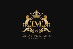 initial IM Retro golden crest with circle and two horses, badge template with scrolls and royal crown - perfect for luxurious branding projects vector