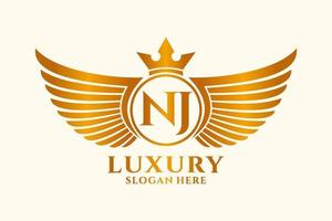 Luxury royal wing Letter NJ crest Gold color Logo vector, Victory logo, crest logo, wing logo, vector logo template.