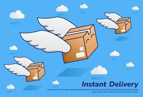 paquete de paquete rápido volador con ilustración de entrega instantánea de ala dibujos animados de vector plano