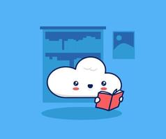 Cute cloud character mascot reading book in library. Internet digital library vector illustration concept